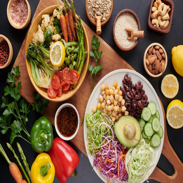 Vegan protein source. Buddha bowl dish, avocado, pepper, tomato, cucumber, red cabbage, chickpea, fresh lettuce salad and walnuts, nuts, beans, . Healthy vegetarian eating, super food. Top view.